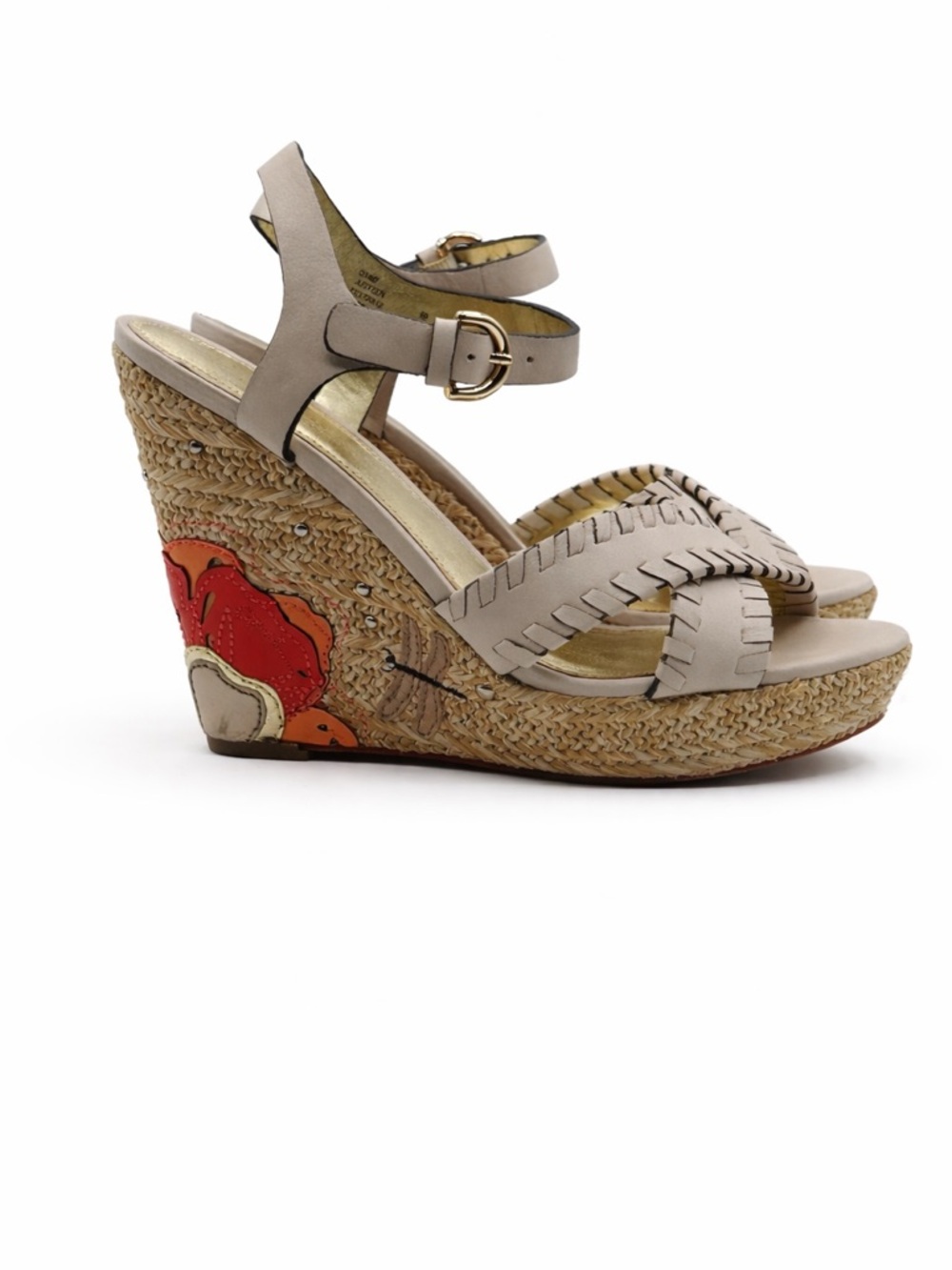 Coach Justeen Wedge Sandals Beige Leather Floral Platform Espadrille Heels - Picture 3 of 17